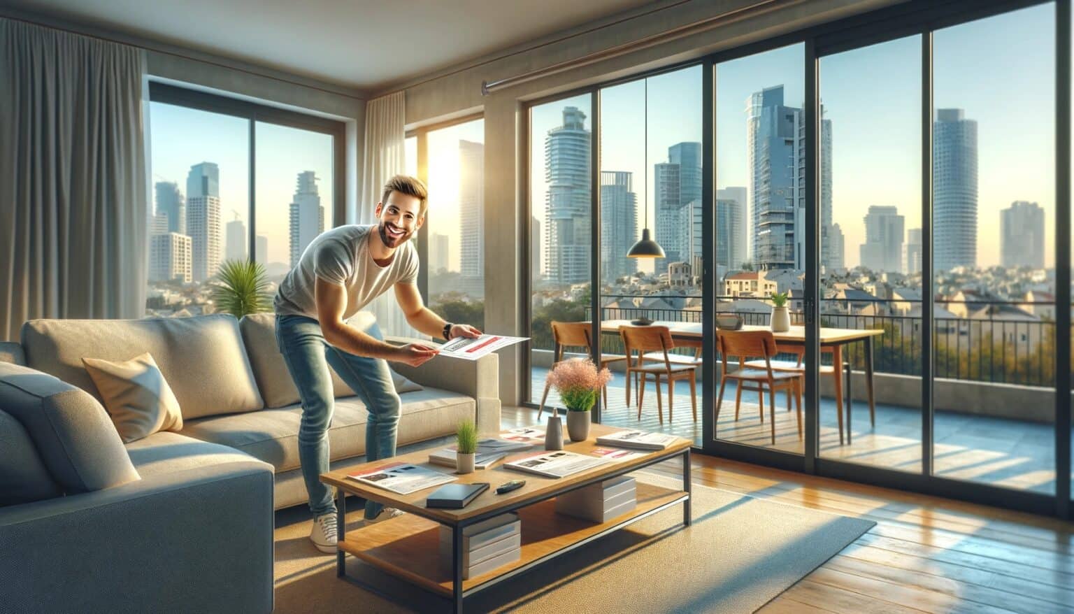 גבר מחייך בזמן פתיחת מחשב נייד בדירה מודרנית מוארת שמש עם נוף של קו הרקיע של העיר.