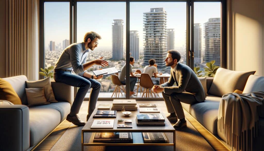 שני גברים מנהלים שיחה בסלון מודרני עם נוף עירוני דרך חלונות גדולים.