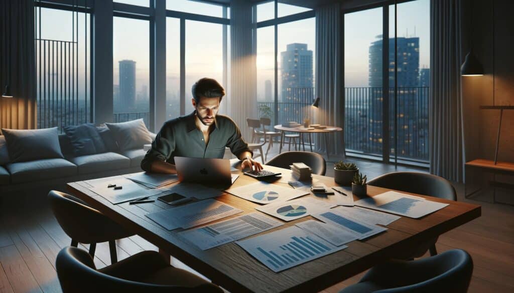 אדם עובד על מחשב נייד במשרד מודרני בשעות הערב, עם מסמכים ותרשימים פרוסים על השולחן.