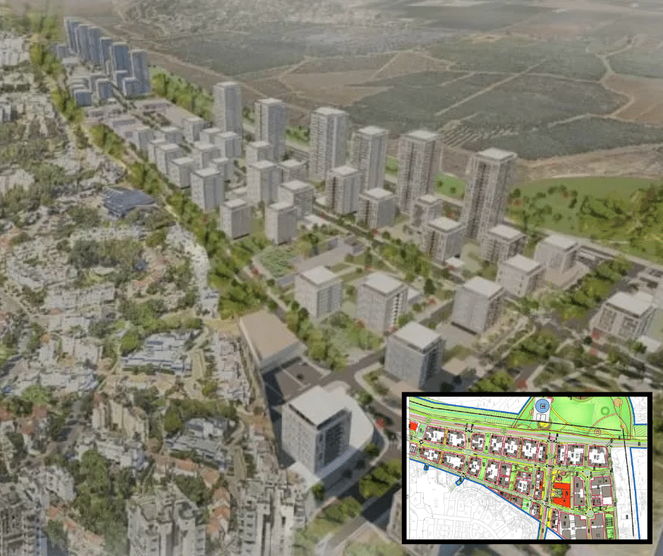 מבט אווירי של תוכנית פיתוח עירונית הכוללת מספר רב של בניינים רבי קומות ושטחים ירוקים. inset מציג מפת אתר מפורטת עם רחובות ומגרשים.